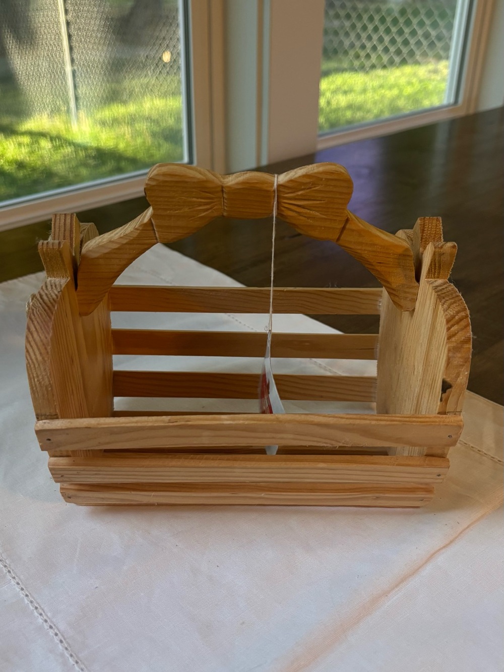 Vintage Wooden Decorative Basket- Apple Design with Bow Handle